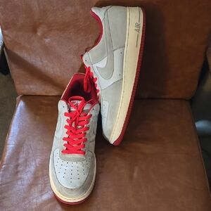 Nike Men's Air Force 1 Neutral Gray and Varsity Red Sneakers